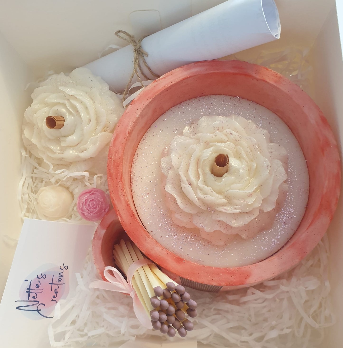 Reiki-Infused Soy Candle Vessel with Floral Charm and Match Holder ~ Enchanted Blossom