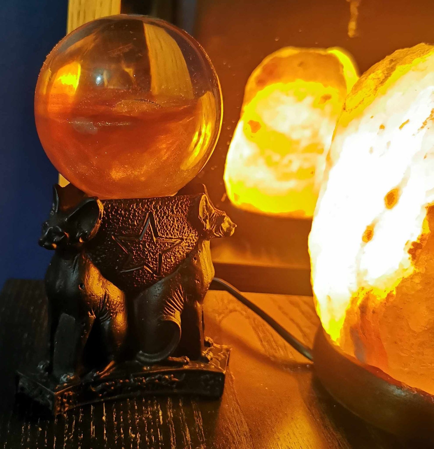 Mystic Feline Trio: Jet Black Egyptian Bastet Tealight/Crystal Sphere Holder