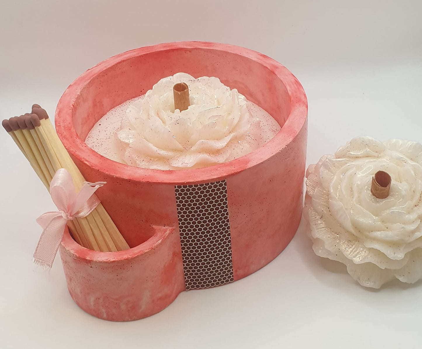 Reiki-Infused Soy Candle Vessel with Floral Charm and Match Holder ~ Enchanted Blossom