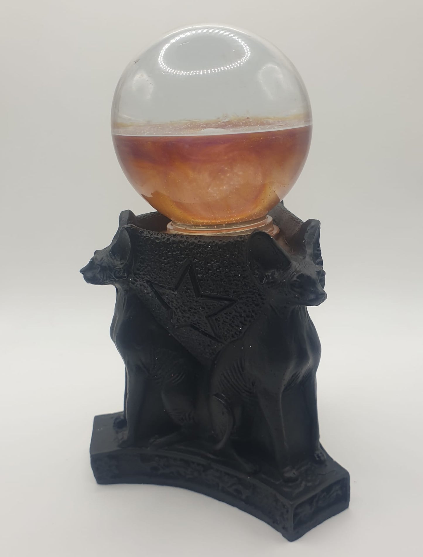Mystic Feline Trio: Jet Black Egyptian Bastet Tealight/Crystal Sphere Holder