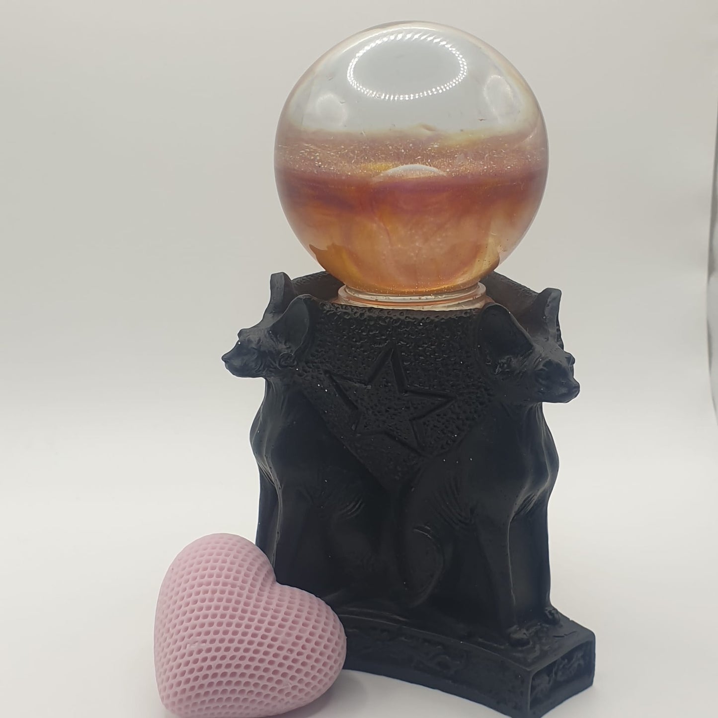 Mystic Feline Trio: Jet Black Egyptian Bastet Tealight/Crystal Sphere Holder